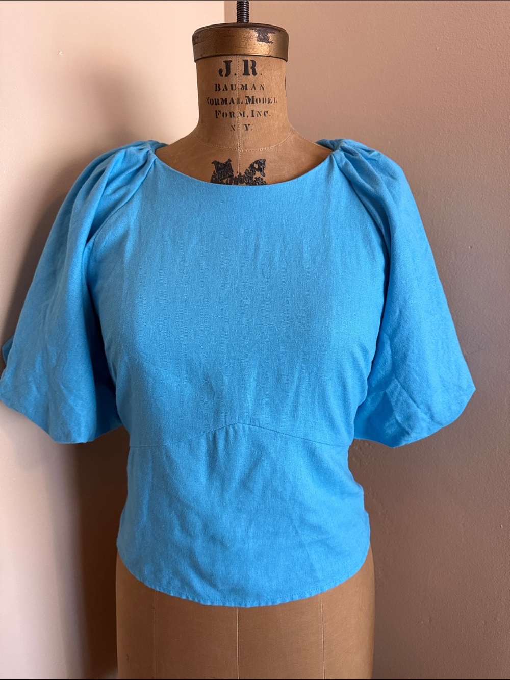 DKNY Turquoise Linen Blend Puff Sleeve Blouse Top M